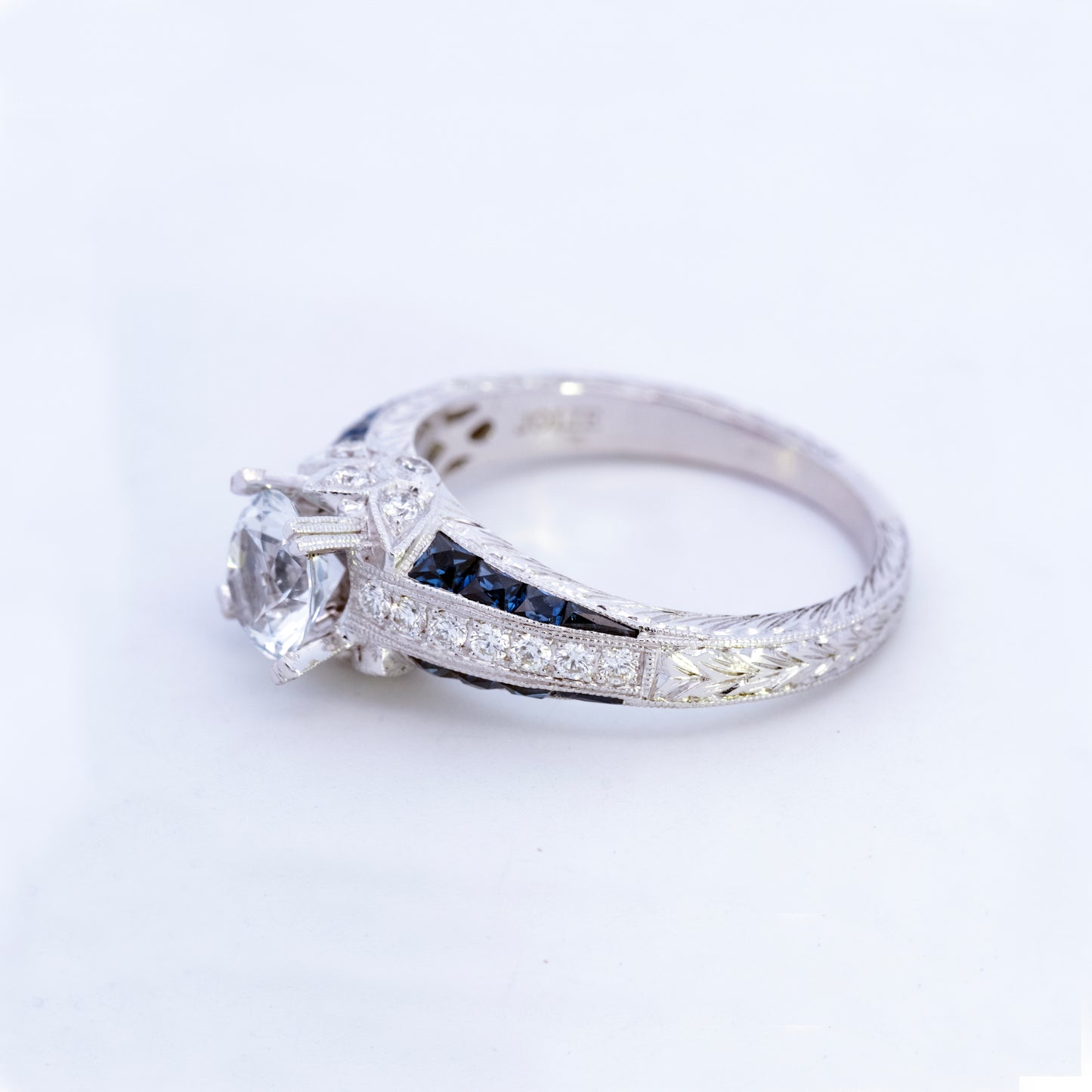 14K White Gold Diamond & Sapphire Vintage-Style Engagement Ring