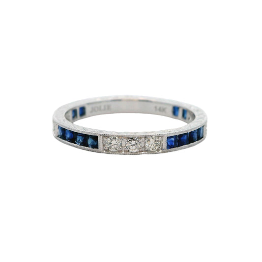 14K White Gold Engraved Sapphire & Diamond Ring