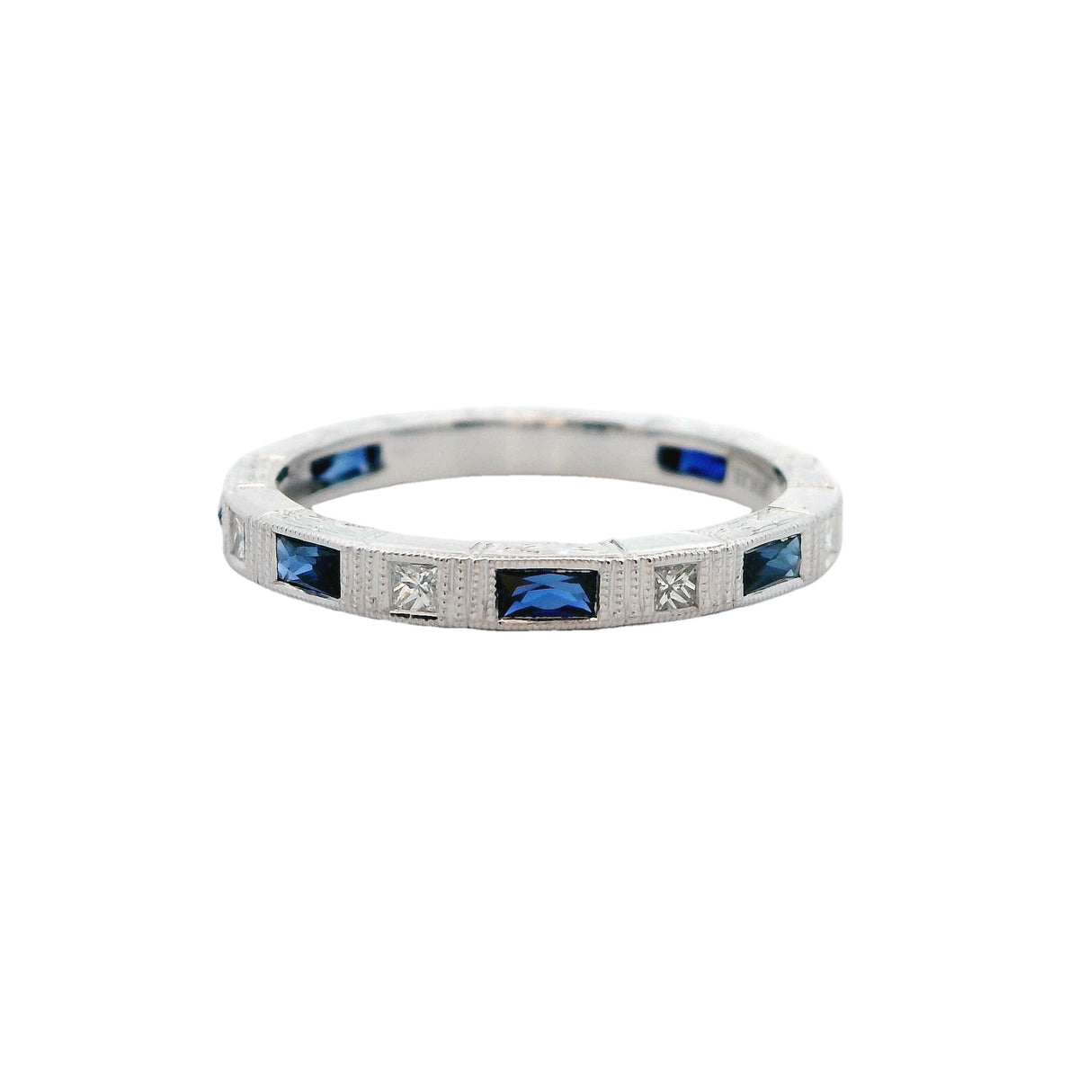 14K White Gold Engraved Sapphire & Diamond Ring