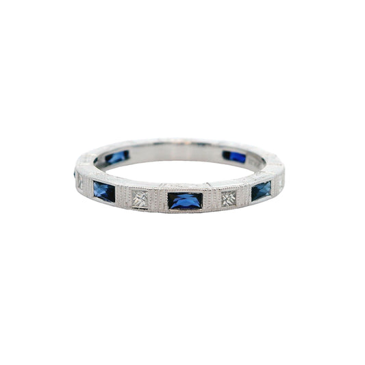 14K White Gold Engraved Sapphire & Diamond Ring