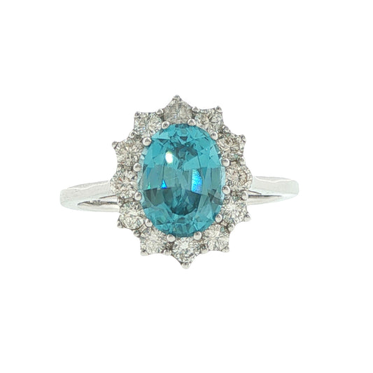 14K White Gold Blue Zircon & Diamond Ring