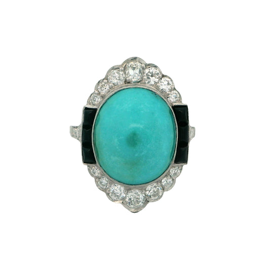 Estate Collection Platinum Art Nouveau Style Turquoise, Onyx & Diamond Ring