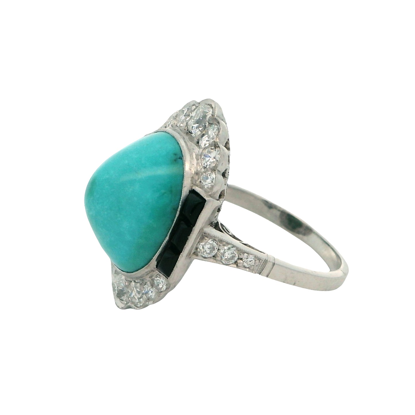 Estate Collection Platinum Art Nouveau Style Turquoise, Onyx & Diamond Ring