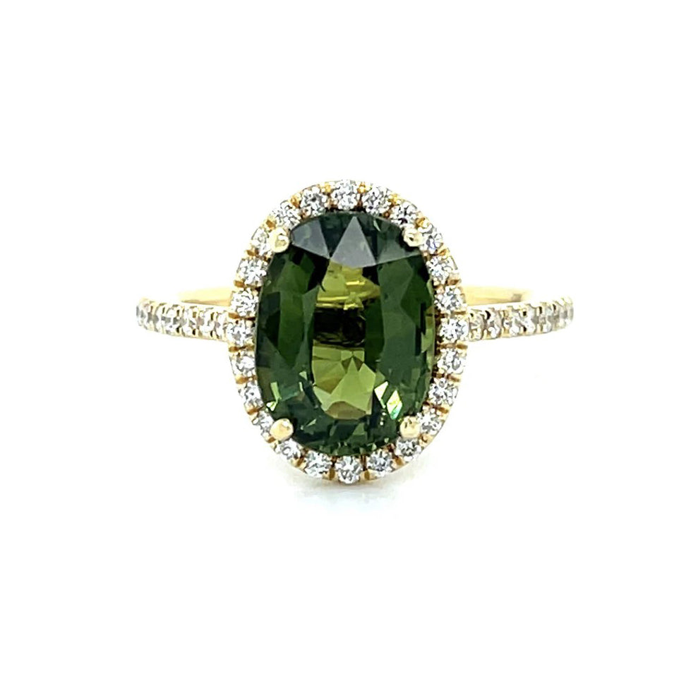 14k Gold Oval Green Sapphire & Diamond Halo Ring