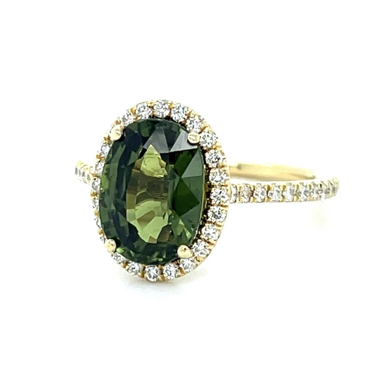 14k Gold Oval Green Sapphire & Diamond Halo Ring