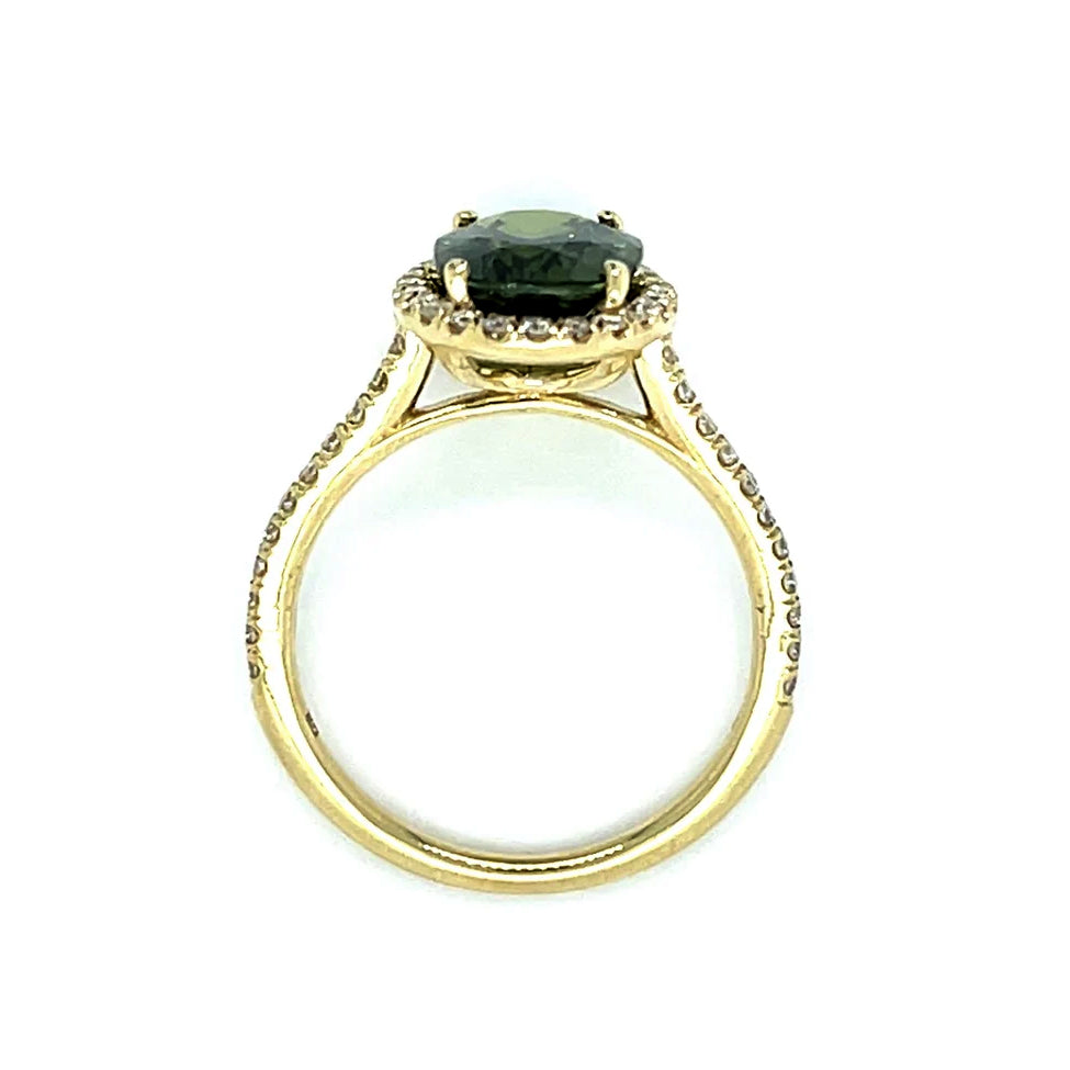 14k Gold Oval Green Sapphire & Diamond Halo Ring