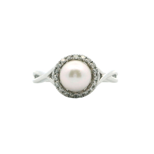 14k White Gold Pearl & Diamond Halo Ring