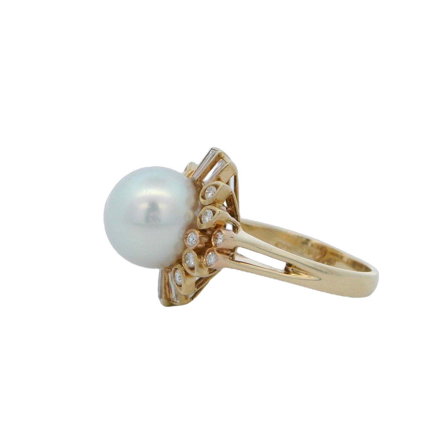 14k Yellow Gold Pearl & Diamond Baguette Ring