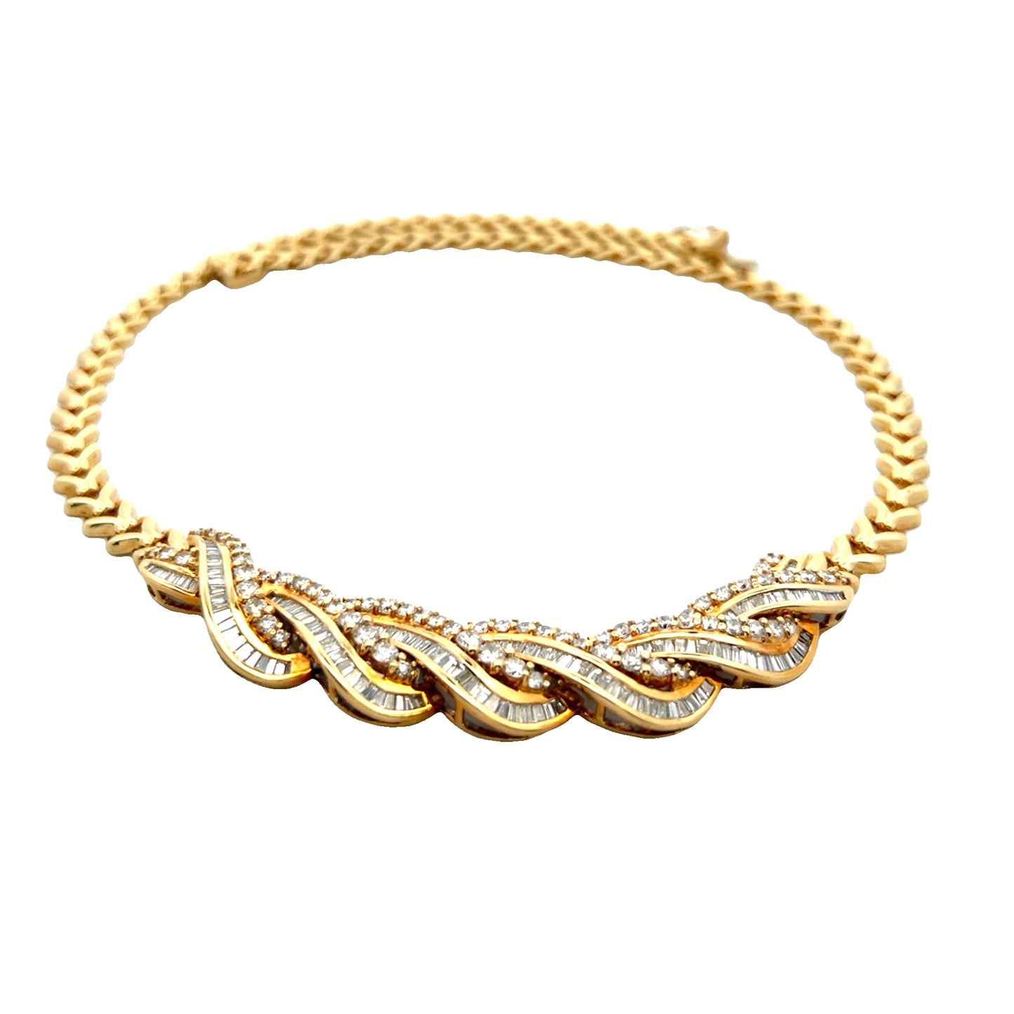 18K Yellow Gold Diamond Baguette Swirl Necklace