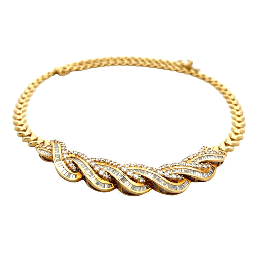 18K Yellow Gold Diamond Baguette Swirl Necklace
