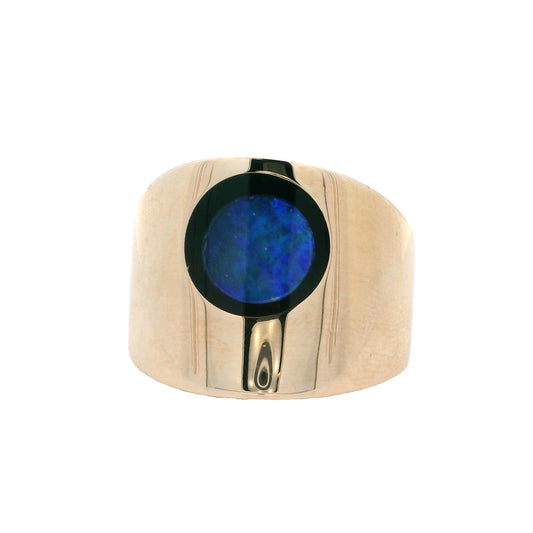 14K Yellow Gold Black Opal Doublet Men's Ring