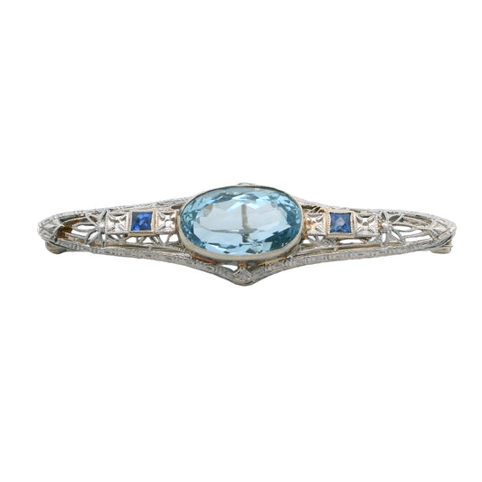Estate Collection Art Deco 2.98ct Aquamarine & Sapphire Brooch