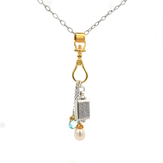 Anatoli Collection Sterling Locket Charm Necklace with Blue Topaz & Pearl