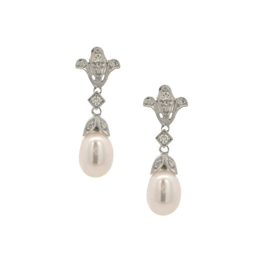 14K White Gold Art Deco Inspired Diamond & Pearl Earrings