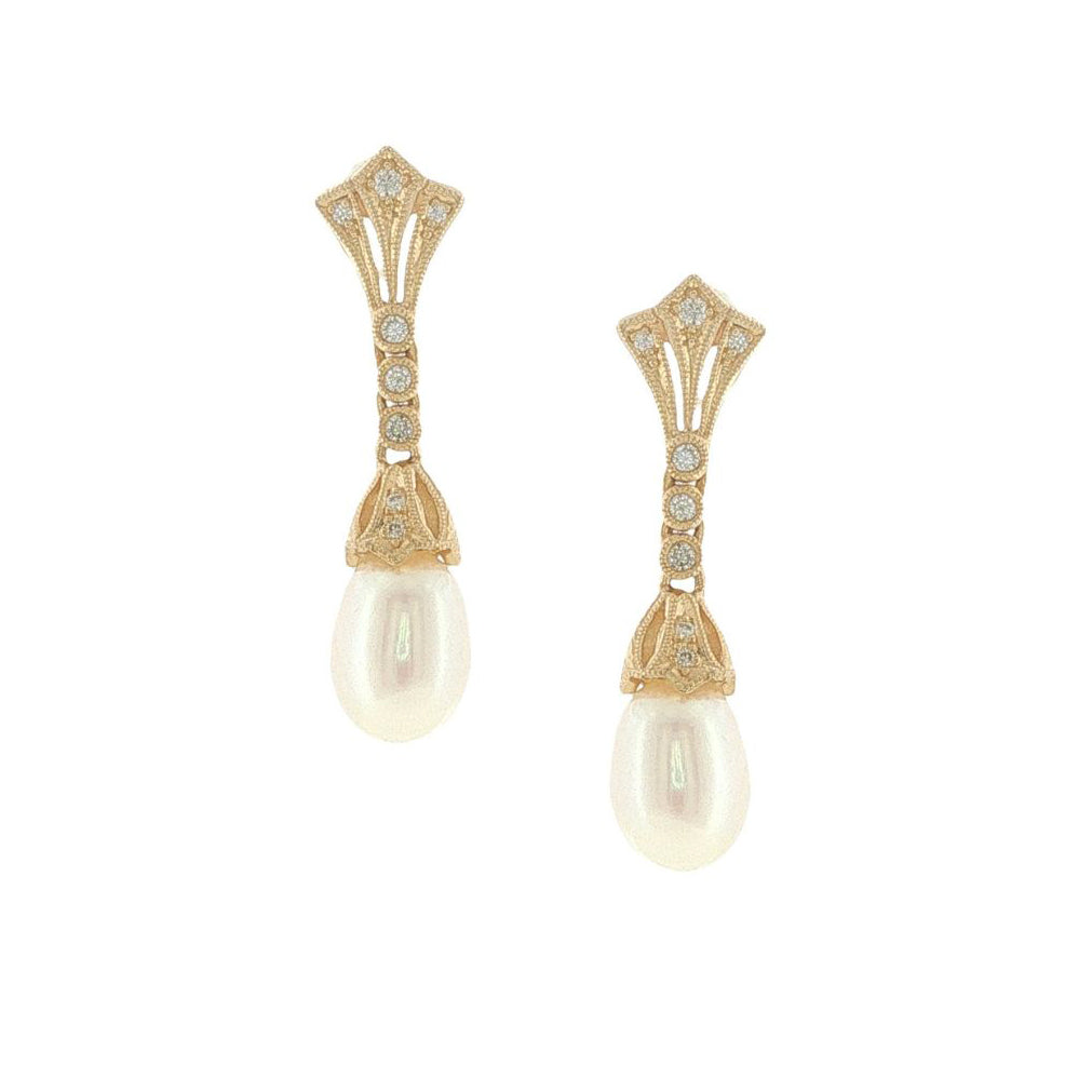 14K Yellow Gold Art Deco Inspired Diamond & Pearl Earrings