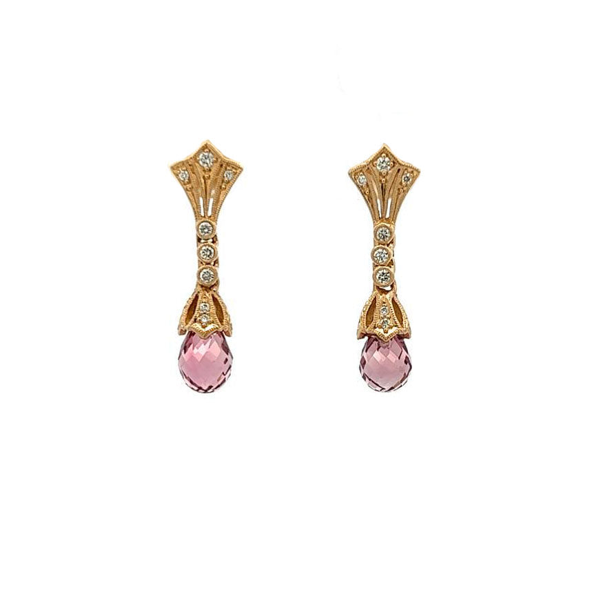14K Yellow Gold Pink Tourmaline & Diamond Post Earrings