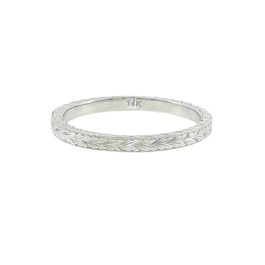 14k White Gold Engraved Leaves & Scroll Band