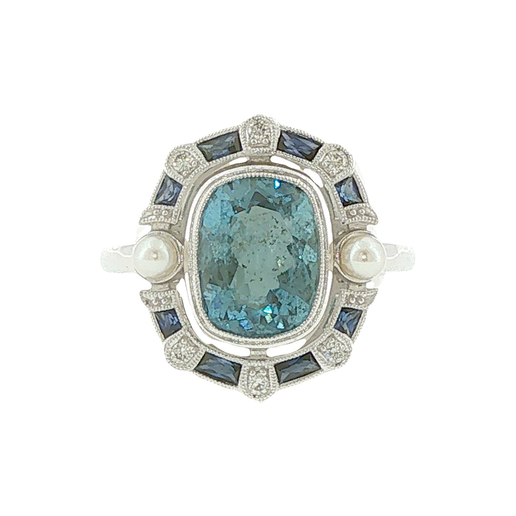 14K White Gold Aquamarine, Diamond, Sapphire Ring