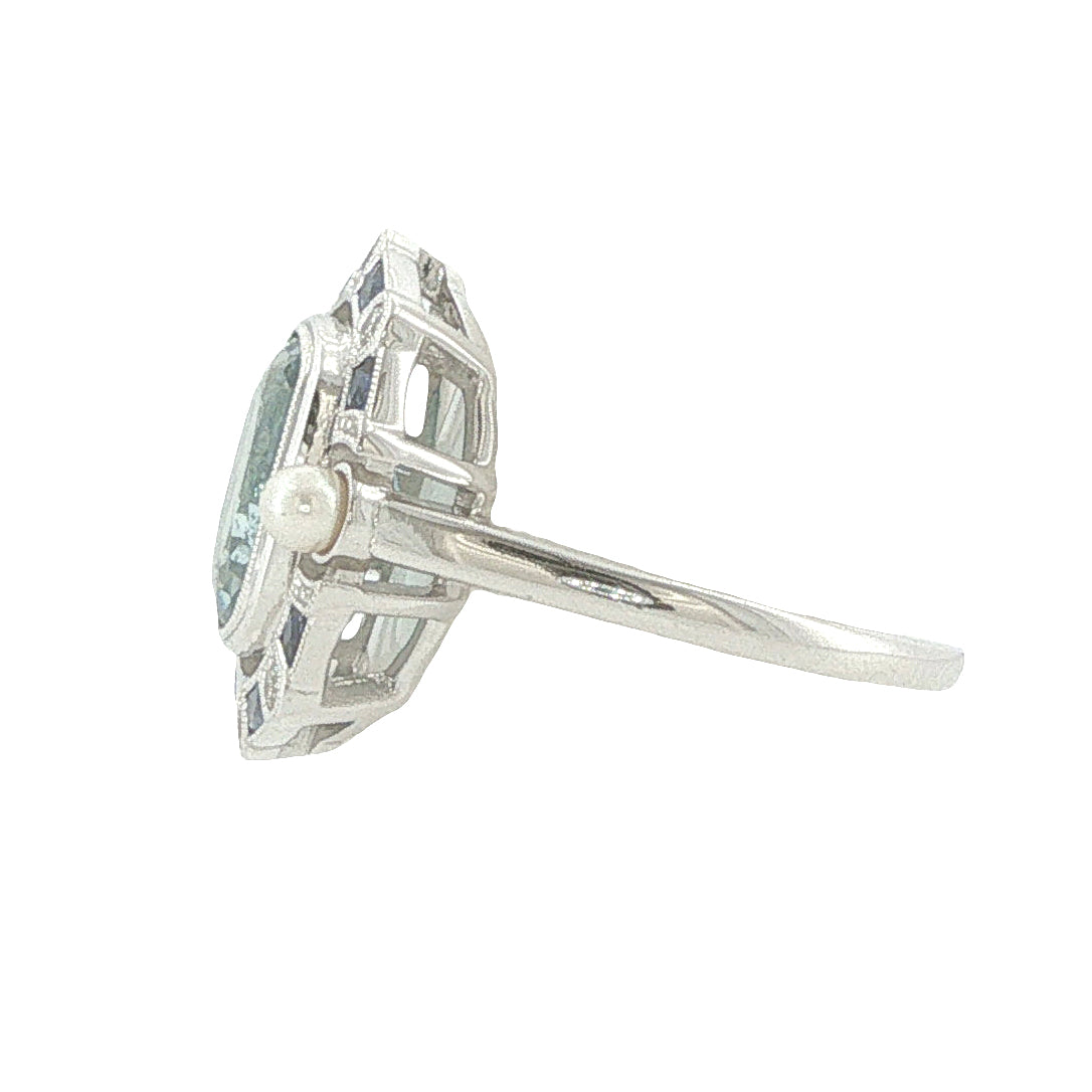 14K White Gold Aquamarine, Diamond, Sapphire Ring