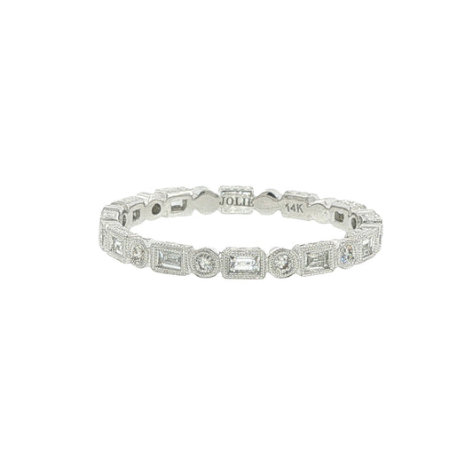14K White Gold Engraved Stackable Diamond Band