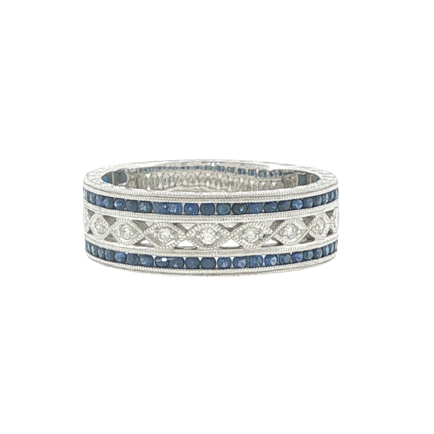 14K White Gold Engraved Sapphire & Diamond Ring