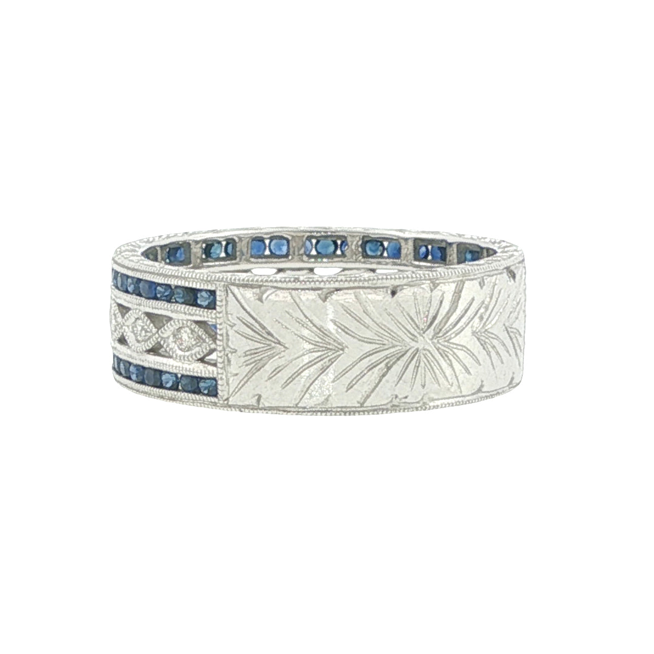 14K White Gold Engraved Sapphire & Diamond Ring