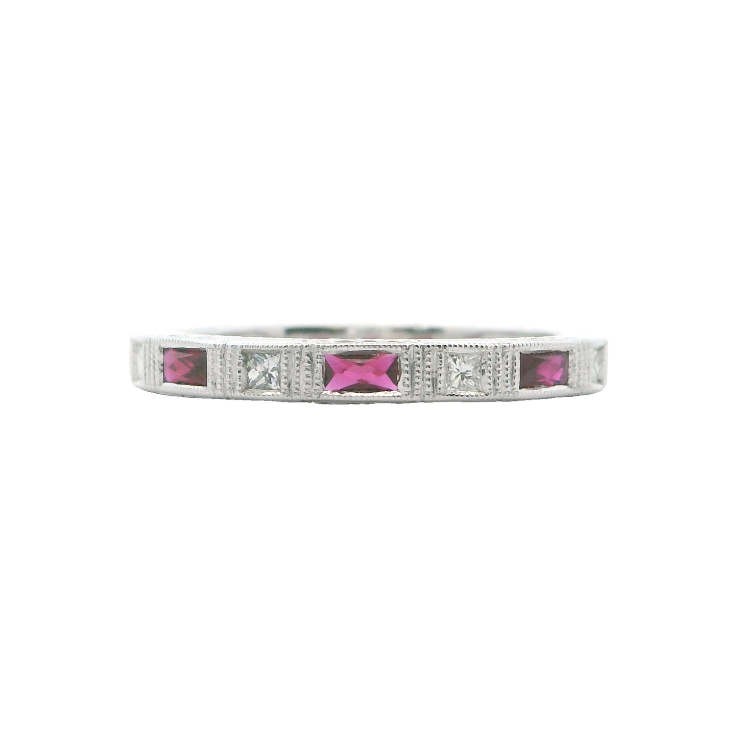 14K White Gold Engraved Ruby & Diamond Ring