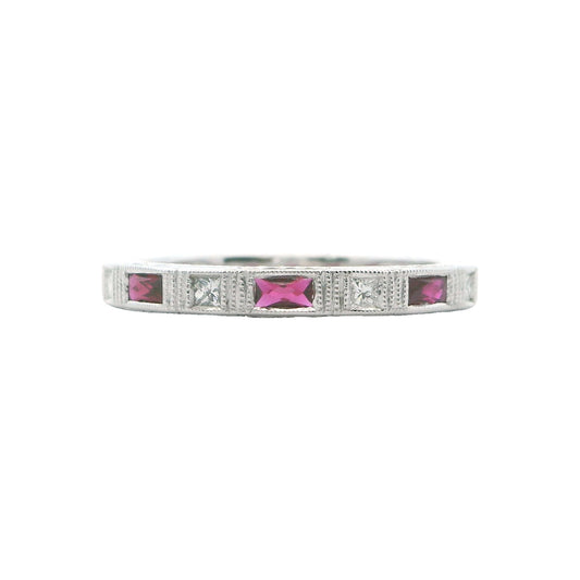 14K White Gold Engraved Ruby & Diamond Ring