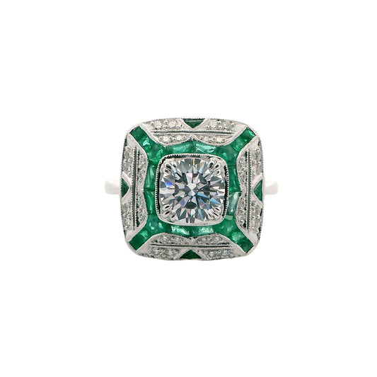 14K Gold Art Deco Diamond & Emerald Semi-Mount Ring
