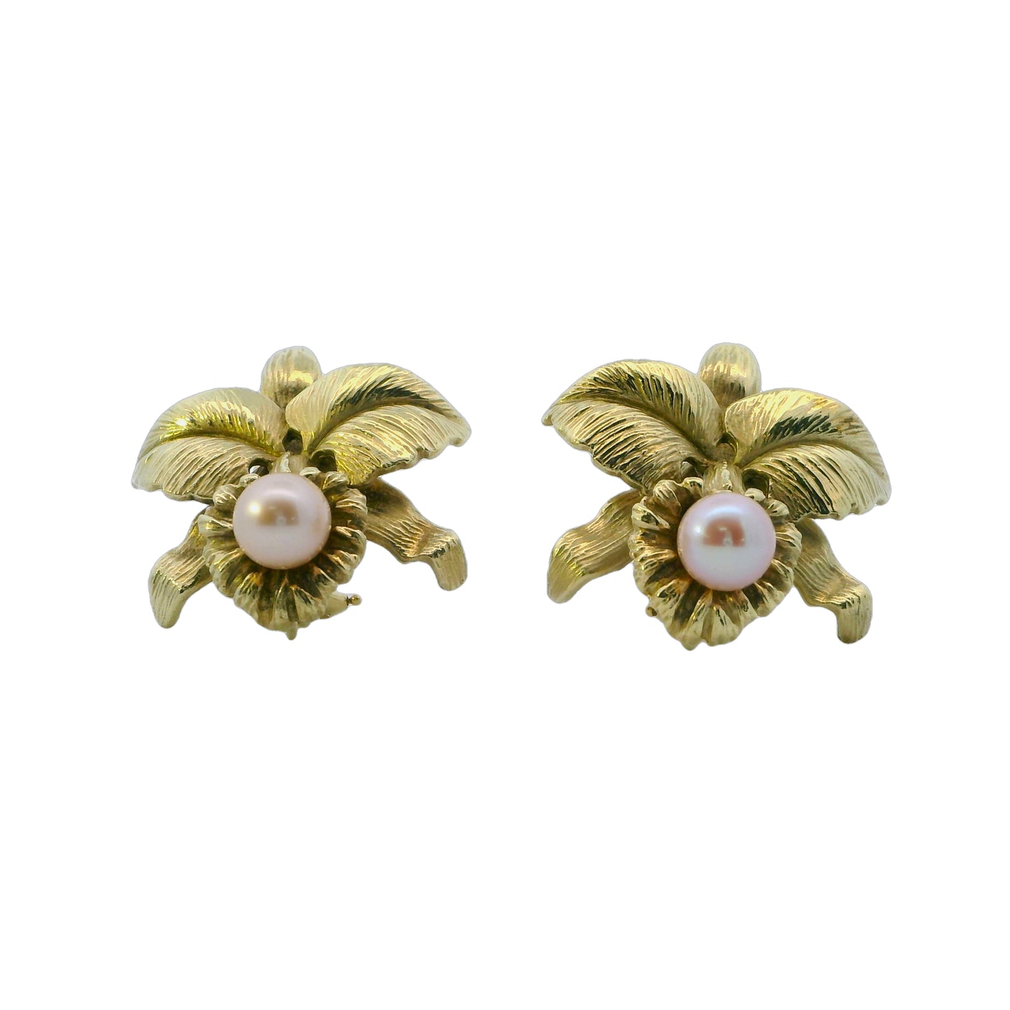 Estate Collection 18K Yellow Gold Orchid & Pearl Earrings