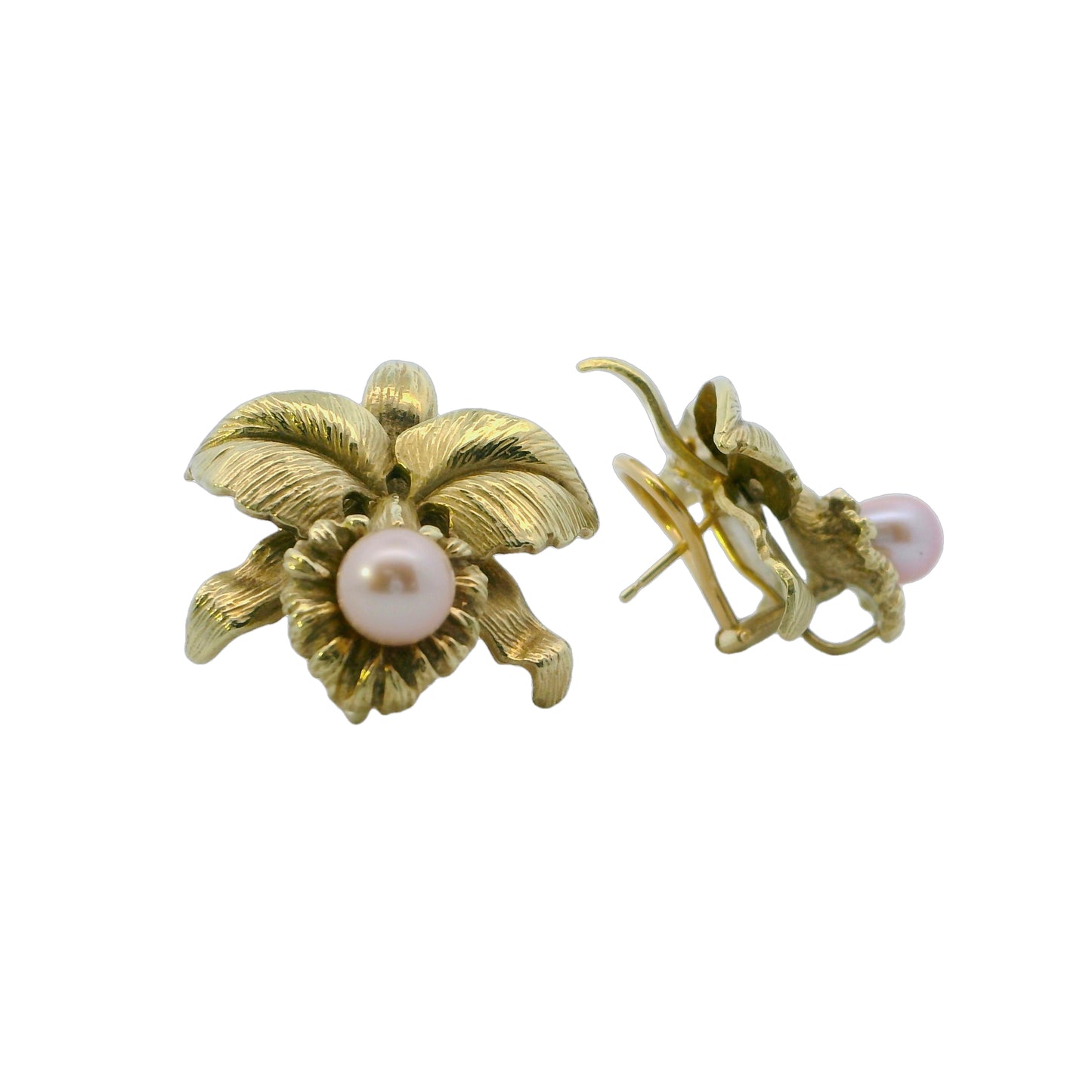 Estate Collection 18K Yellow Gold Orchid & Pearl Earrings