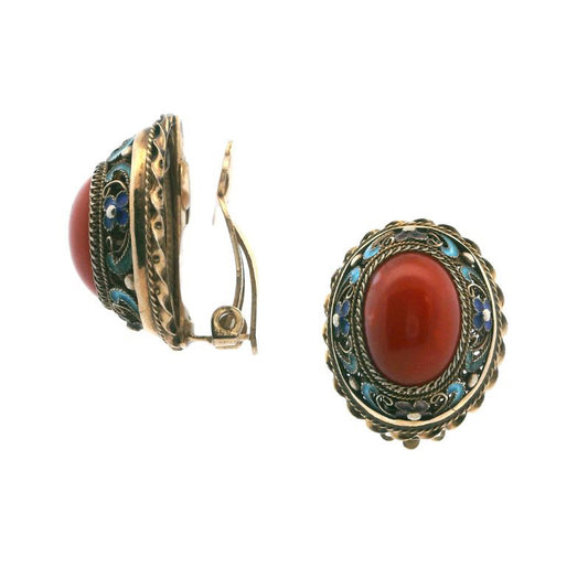 Estate Collection 1940's Red Coral Enameled Non-Pierced Earrings