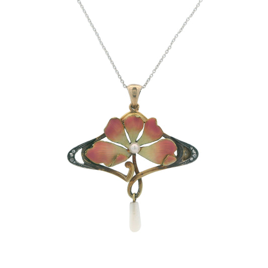 Estate Collection Art Nouveau Enameled Pearl Pendant