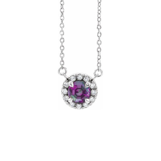 14K White Gold Petite Natural Alexandrite & Diamond Halo Necklace