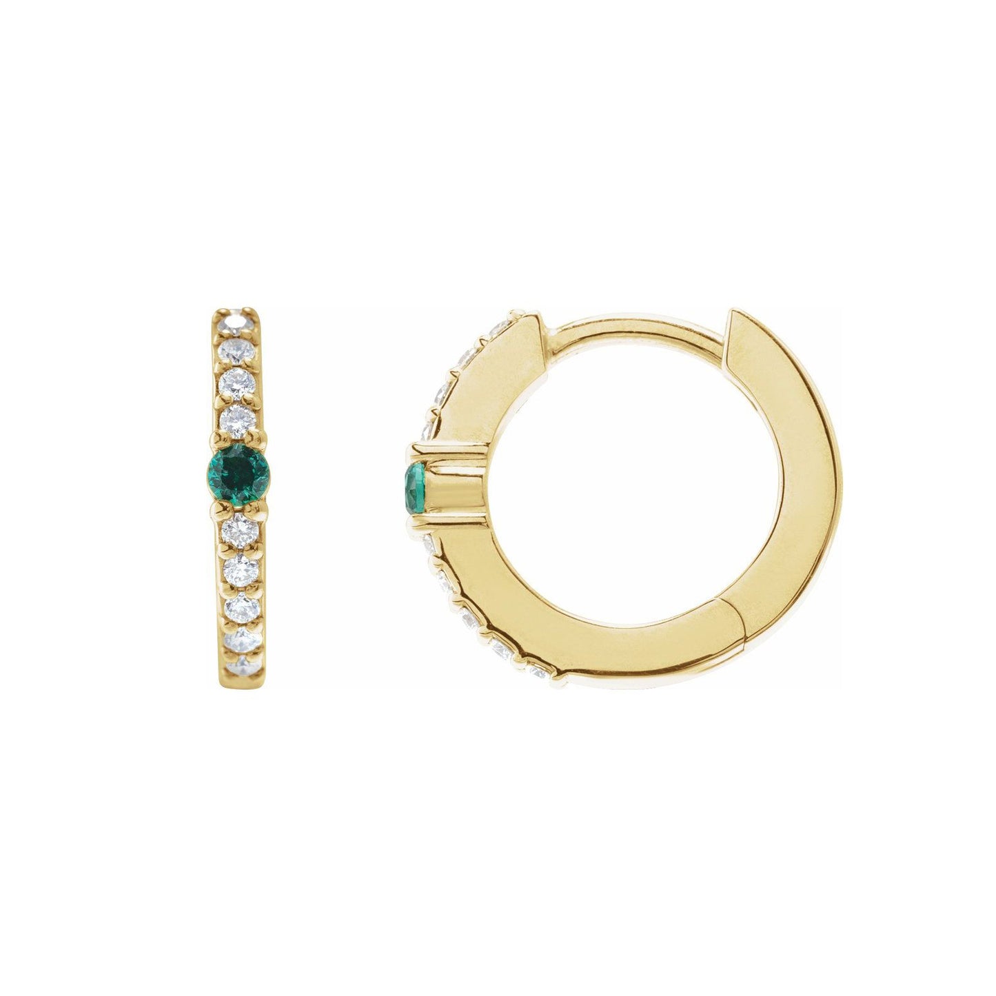 14K Yellow Gold Diamond & Emerald Hoop Earrings