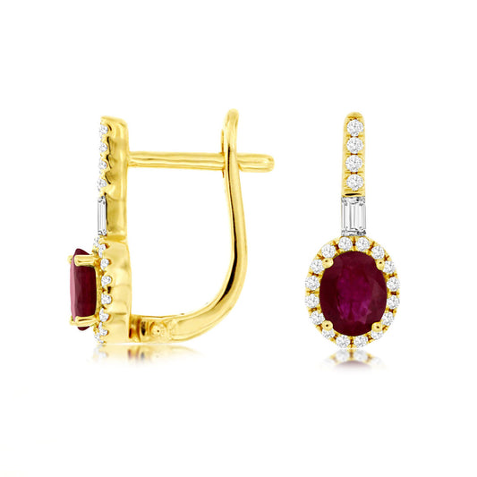 14K Yellow Gold Ruby & Diamond Hoop Earrings