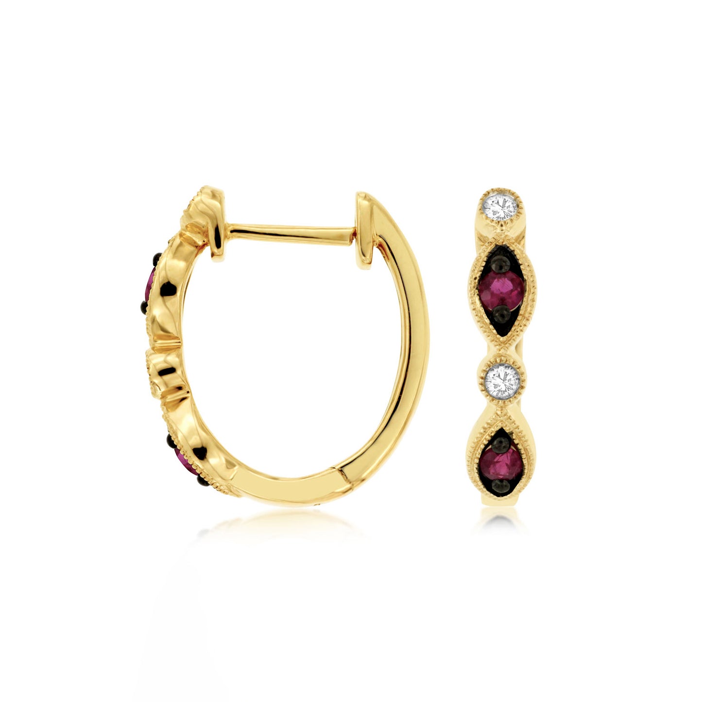 14K Yellow Gold Diamond & Ruby Oval Hoop Earrings