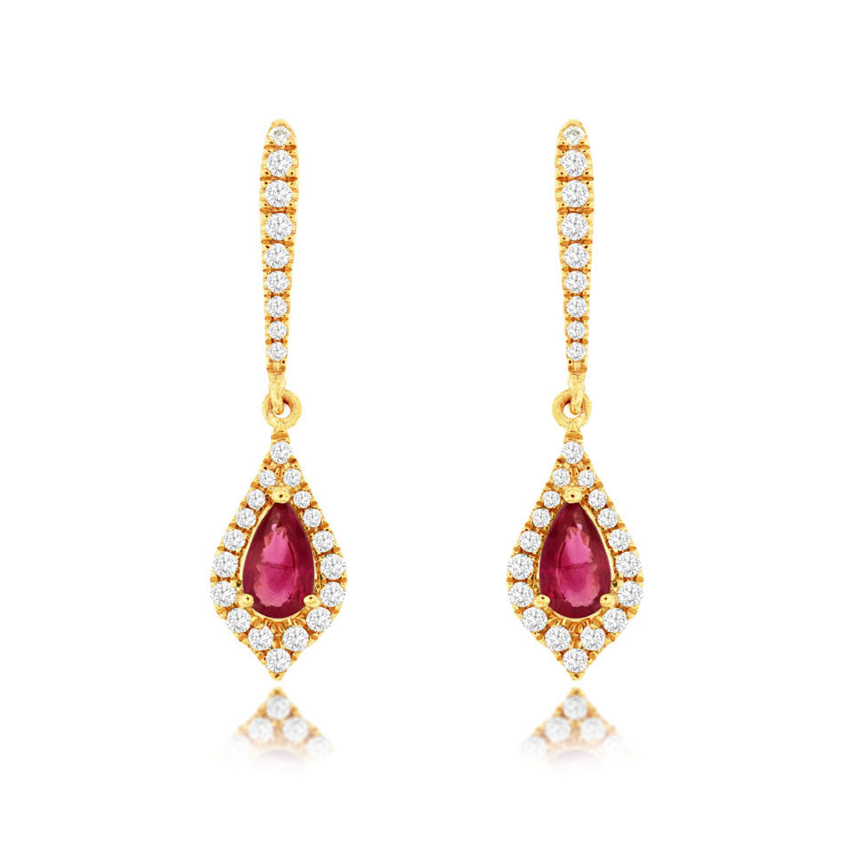 14k Yellow Gold Ruby & Diamond Dangle Earrings