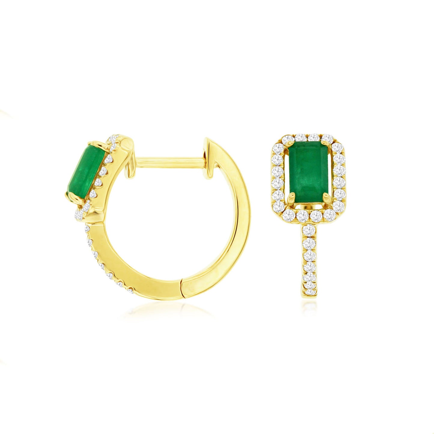 14K Yellow Gold Emerald & Diamond Hoop Earrings