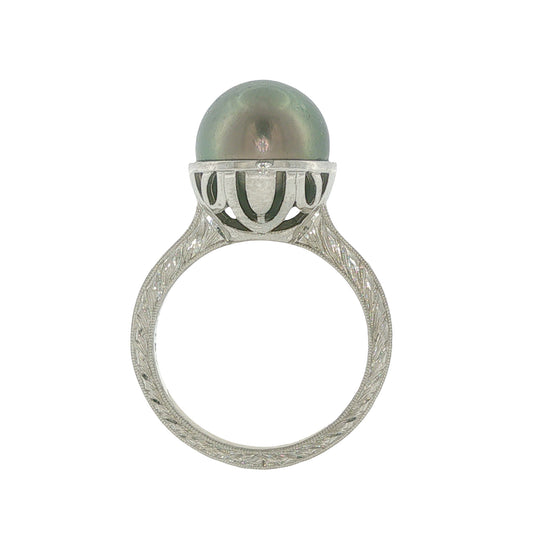 Platinum Engraved Tahitian Pearl Ring