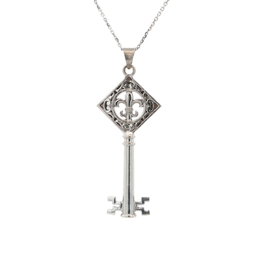 14K White Gold Fleur De Lis Key Pendant