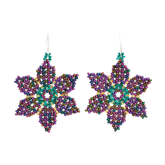 Cristy Cali Mardi Gras Purple Flowers Guatemalan Beaded Earrings