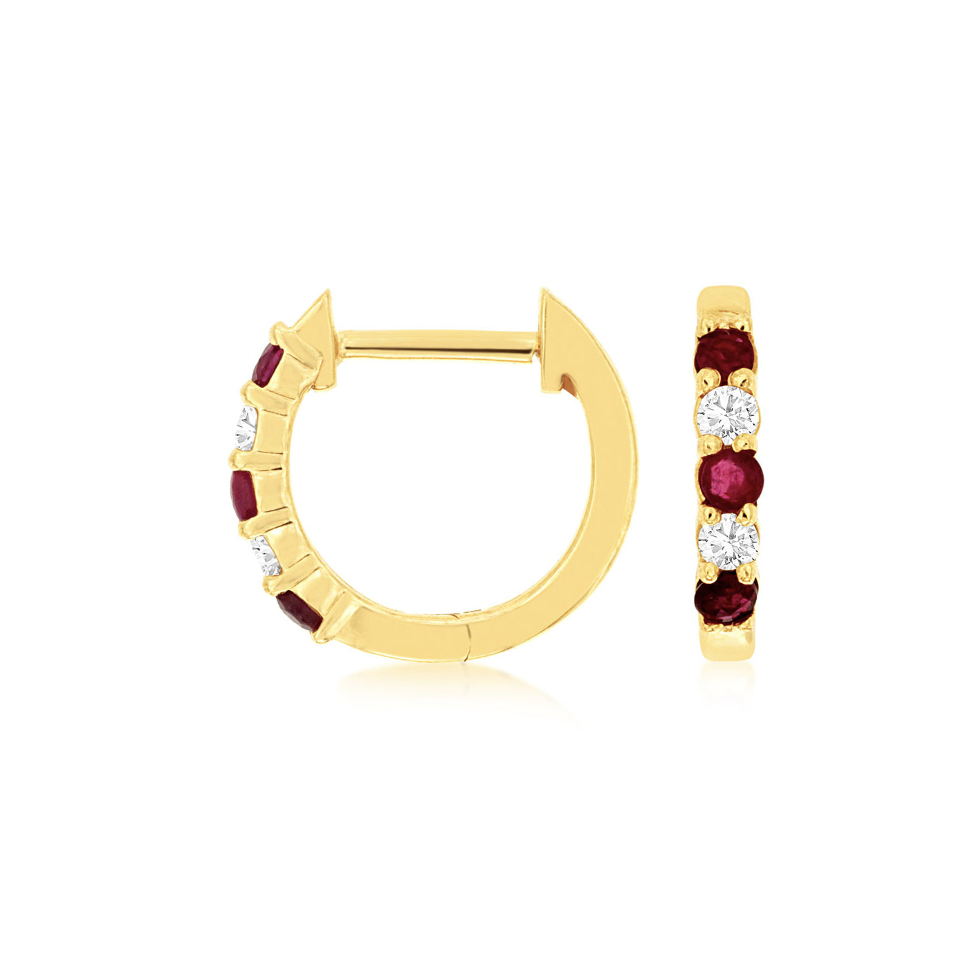 14K Yellow Gold Petite Diamond & Ruby Hoop Earrings