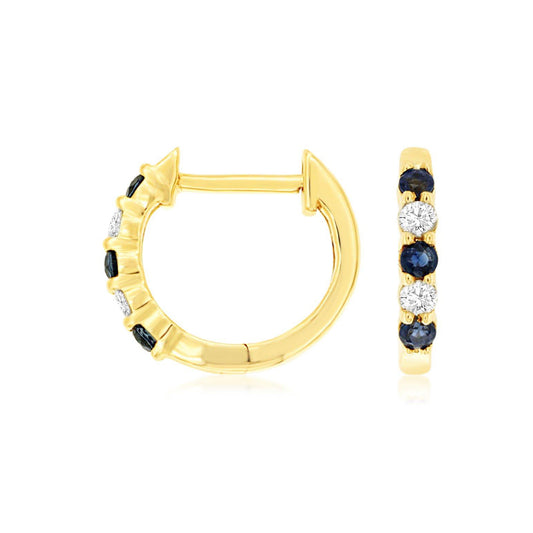 14K Yellow Gold Petite Diamond & Sapphire Hoop Earrings