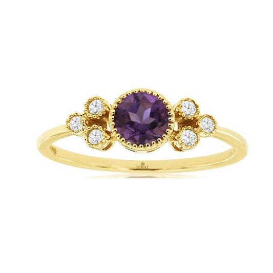 14K Yellow Gold Amethyst and Diamond Ring