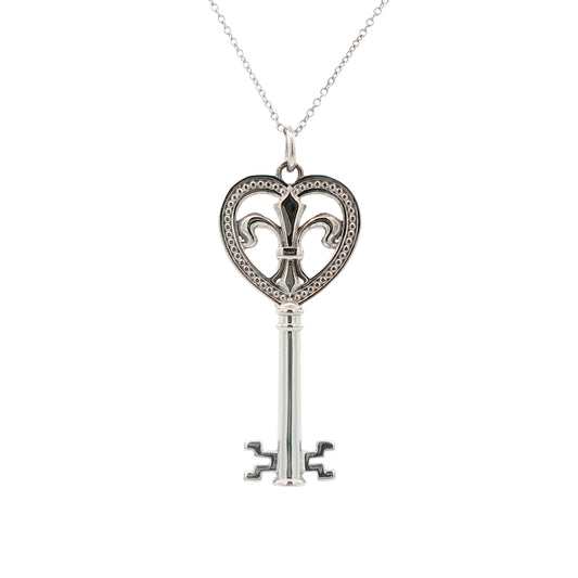14K White Gold Fleur De Lis Heart Key Pendant