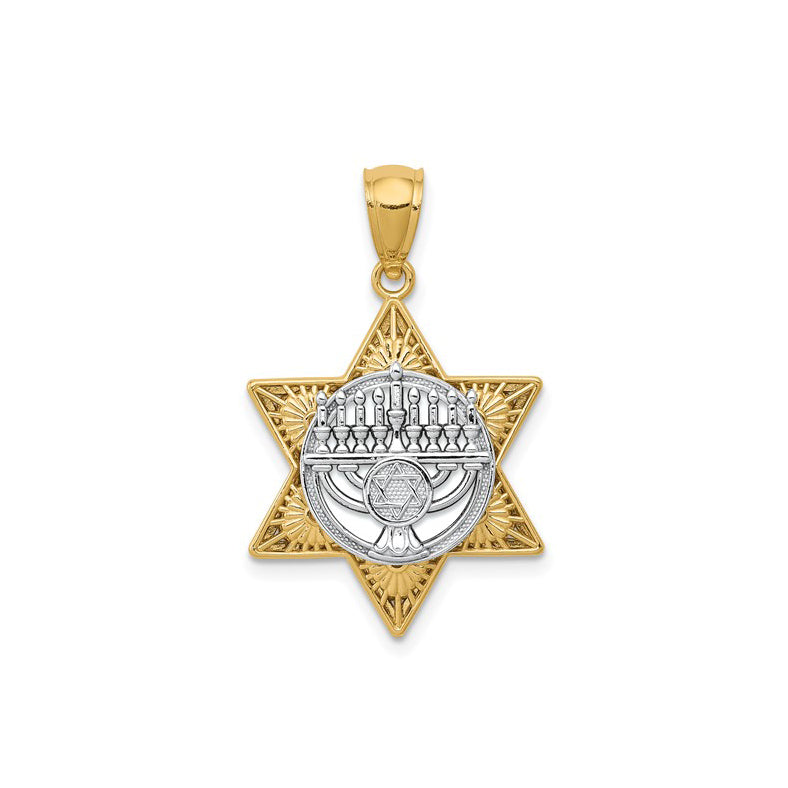 14K Two-Tone Gold  Star Of David and Menorah Pendant