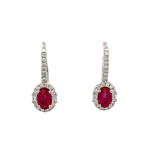 14K White Gold Ruby & Diamond Halo Dangle Earrings