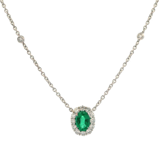 18k White Gold Oval Emerald & Diamond Halo Necklace