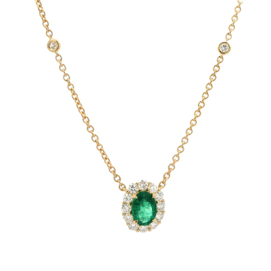 18k Yellow Gold Oval Emerald & Diamond Halo Necklace